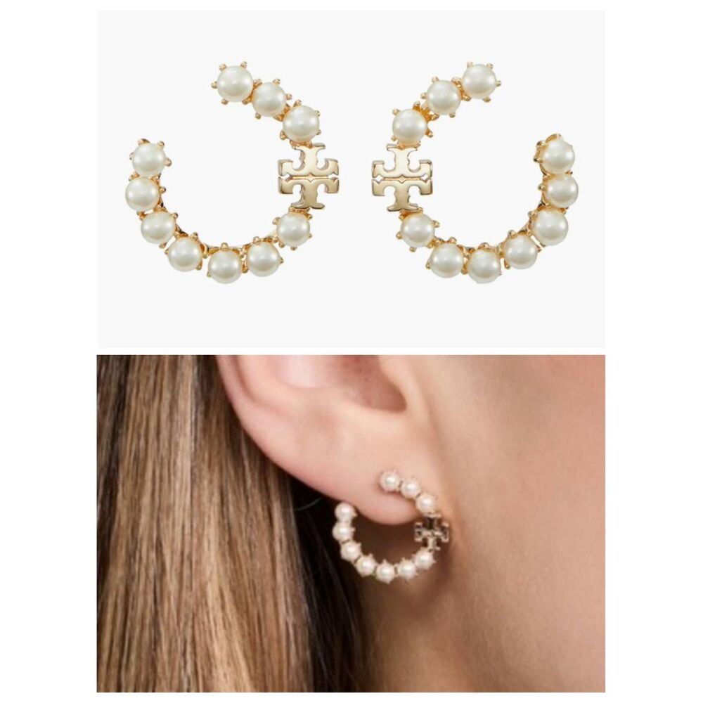 TORY BURCH Kira Imitation Pearl Frontal Loop Hoop Earrings